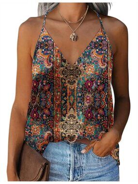 Women's Multicolour Sleeveless V Neck Silk Satin Causal Pull On Blouse Tank Tops